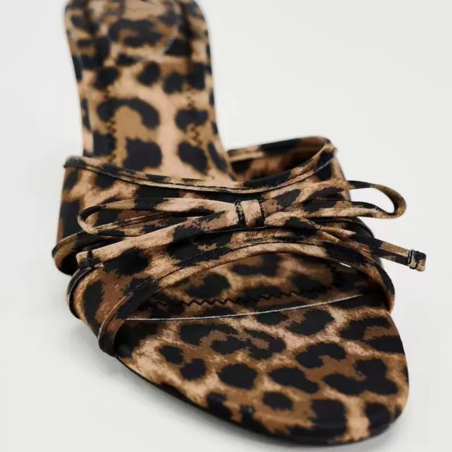 Bow Leopard Kitten Heel Sandals 