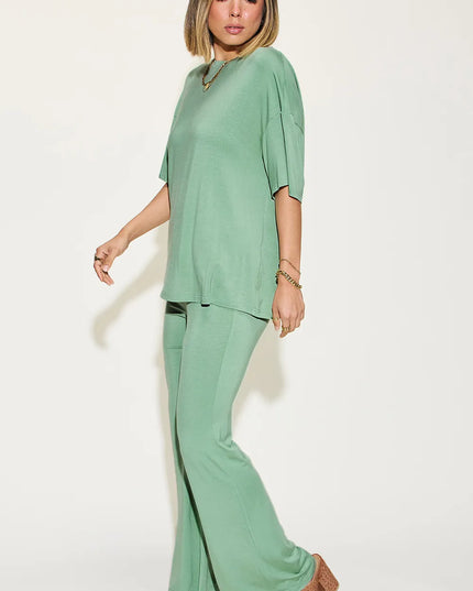 Basic Bae Full Size Bamboo Drop Shoulder T-Shirt and Flare Pants Set