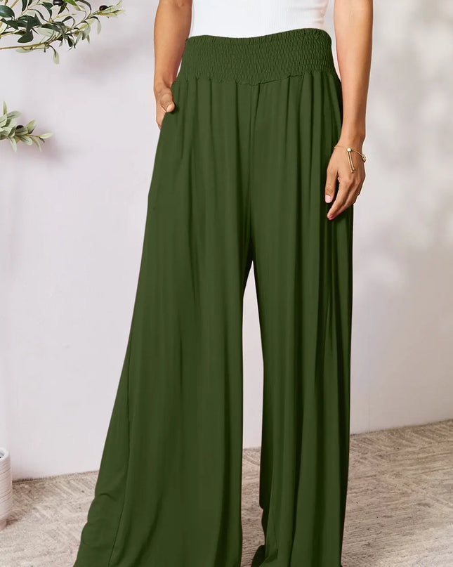 Basic Bae Full Size Smocked Wide Waistband Wide Leg Pants Army Green