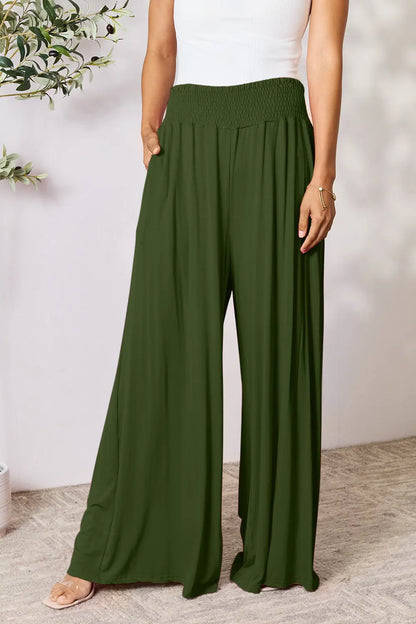 Basic Bae Full Size Smocked Wide Waistband Wide Leg Pants Army Green