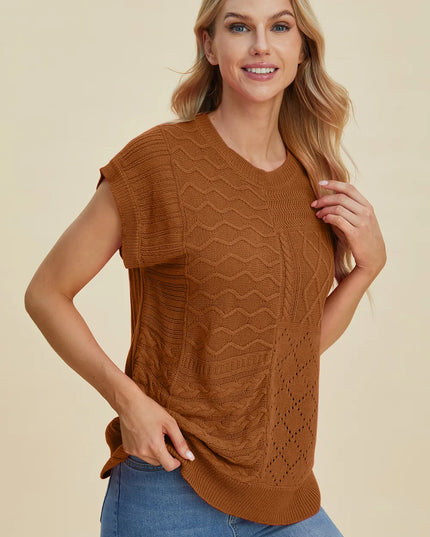 Double Take Full Size Cable-Knit Round Neck Cap Sleeve Sweater Brown