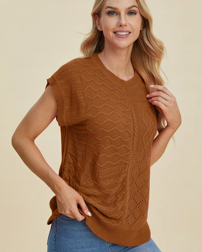Double Take Full Size Cable-Knit Round Neck Cap Sleeve Sweater Brown