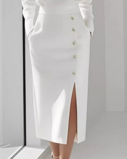 Long Sleeve Button Detail Midi Dress with Side Slit