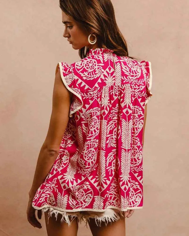 BiBi Printed Ruffle Sleeve Top