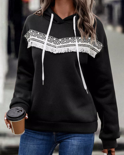 Fringe Detail Long Sleeve Drawstring Hoodie