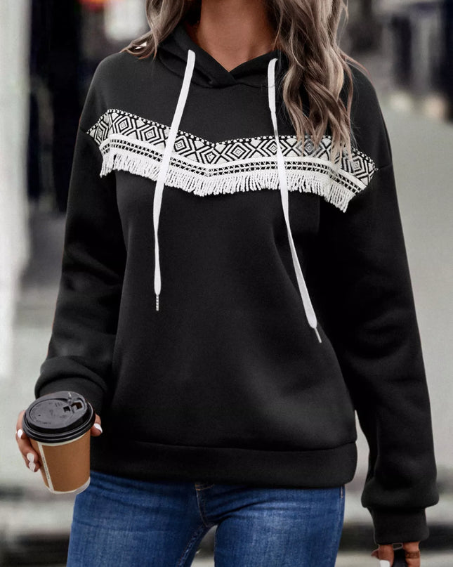 Fringe Detail Long Sleeve Drawstring Hoodie