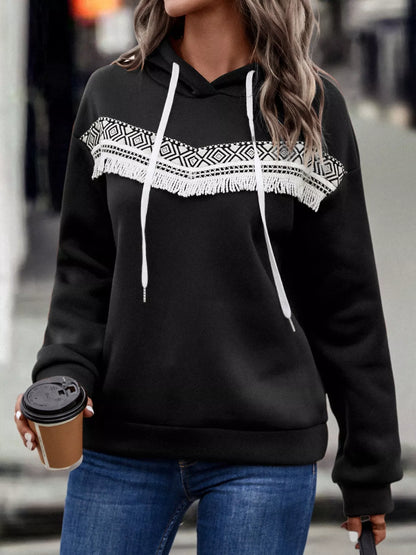 Fringe Detail Long Sleeve Drawstring Hoodie