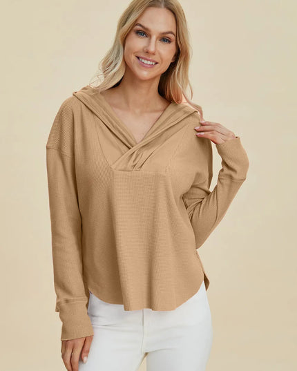 Double Take Full Size High-Low Dropped Shoulder Long Sleeve Hoodie Camel