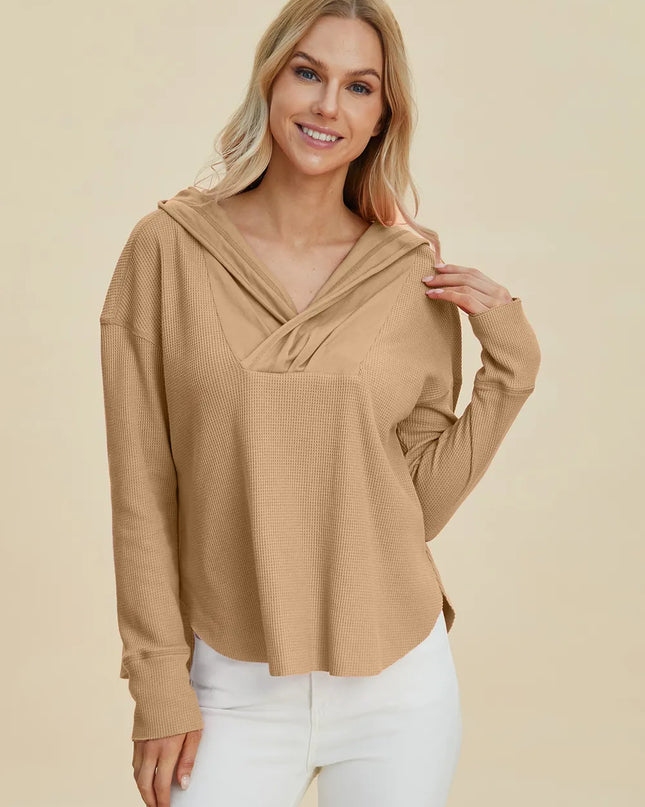 Double Take Full Size High-Low Dropped Shoulder Long Sleeve Hoodie Camel