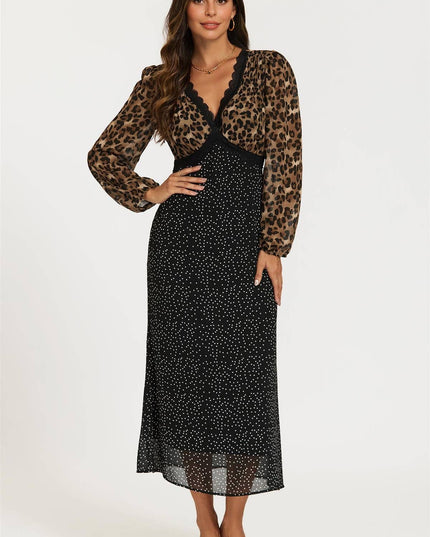 Black Dot & Brown Leopard Print Long Sleeve Maxi Dress