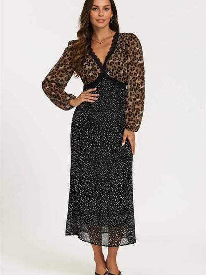 Black Dot & Brown Leopard Print Long Sleeve Maxi Dress
