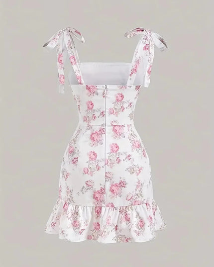 Ruffled Hem Floral Tie-Strap Mini Dress