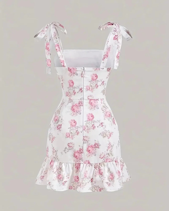 Ruffled Hem Floral Tie-Strap Mini Dress