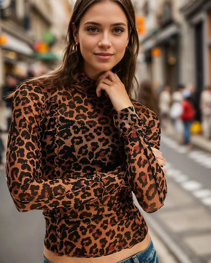 Oh Full Size Frill Printed Mock Neck Long Sleeve Top Leopard