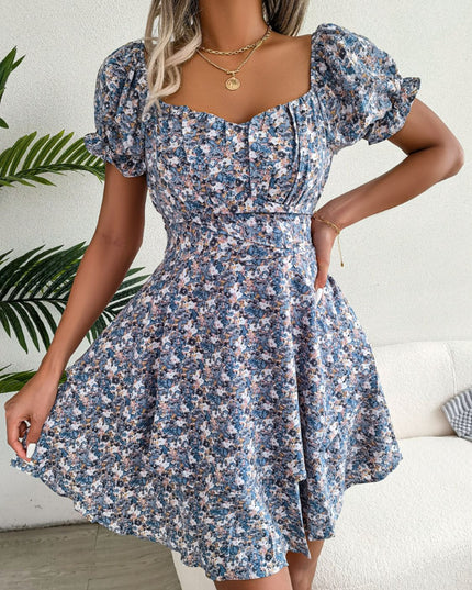 Floral Sweetheart Neck Flounce Sleeve Mini Dress Blue Floral