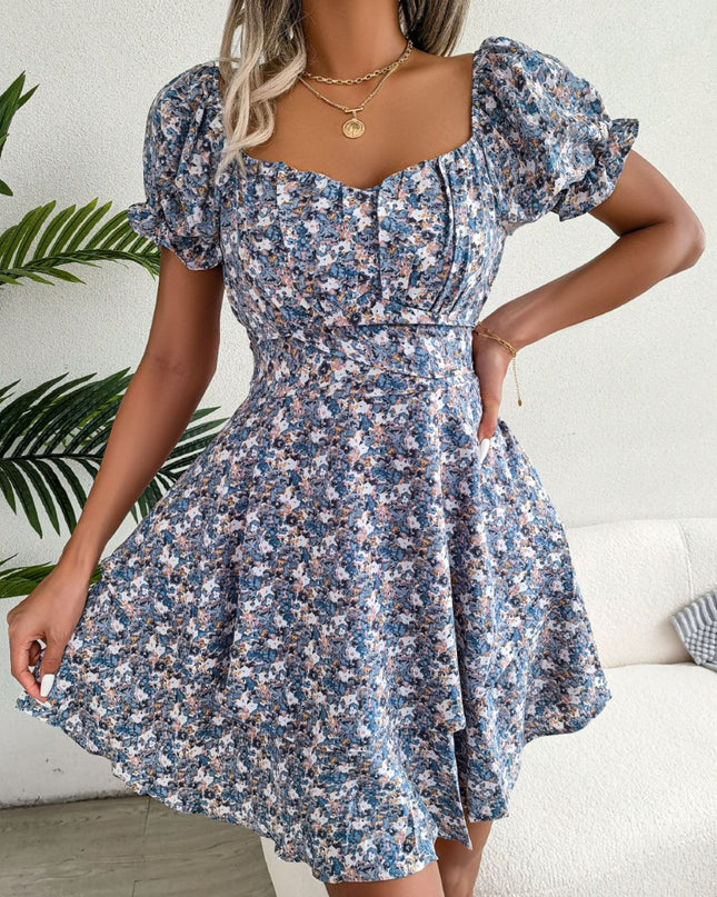 Floral Sweetheart Neck Flounce Sleeve Mini Dress Blue Floral