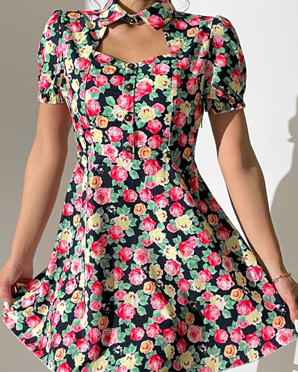 Shiny Floral Buttoned Cutout Puff Sleeve Dress 