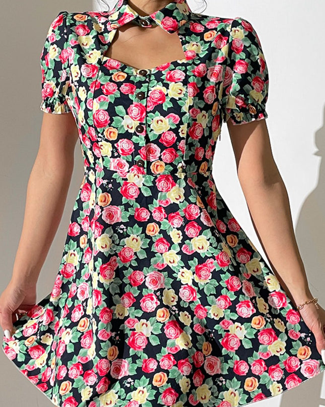 Shiny Floral Buttoned Cutout Puff Sleeve Dress 