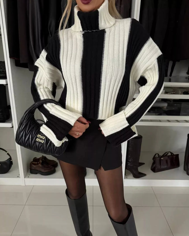 Color Block Ribbed Turtleneck Sweater Black