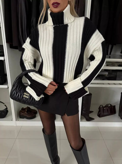 Color Block Ribbed Turtleneck Sweater Black