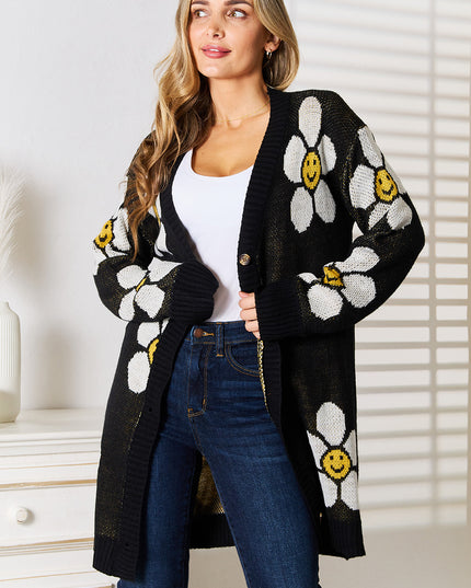 Perfee Floral Button Down Longline Cardigan Black