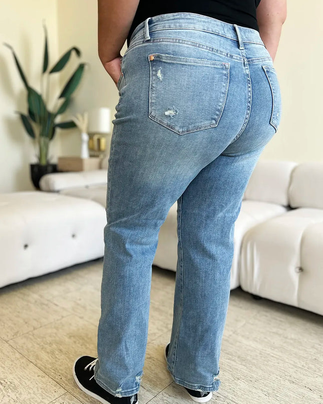 Judy Blue Full Size Mid Rise Distressed Straight Jeans