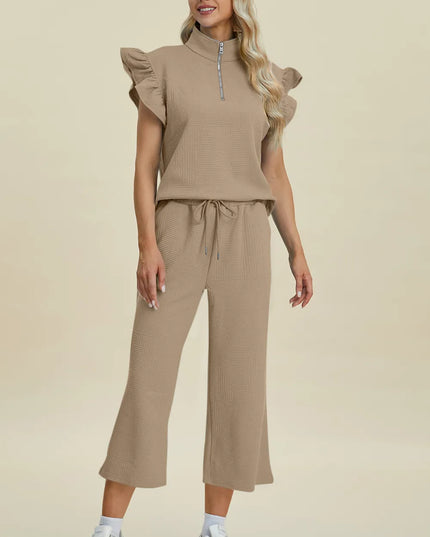 Double Take Full Size Texture Ruffle Short Sleeve Top and Wide Leg Pants Set