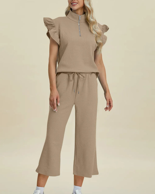 Double Take Full Size Texture Ruffle Short Sleeve Top and Wide Leg Pants Set