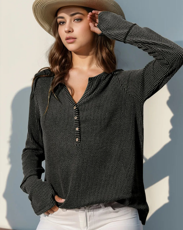 Double Take Full Size Notched Thumbhole Long Sleeve T-Shirt Dark Gray