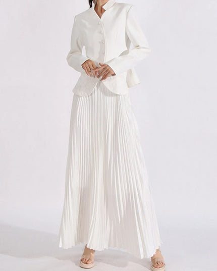 Button Up Long Sleeve Top and Pleated Skirt Set White