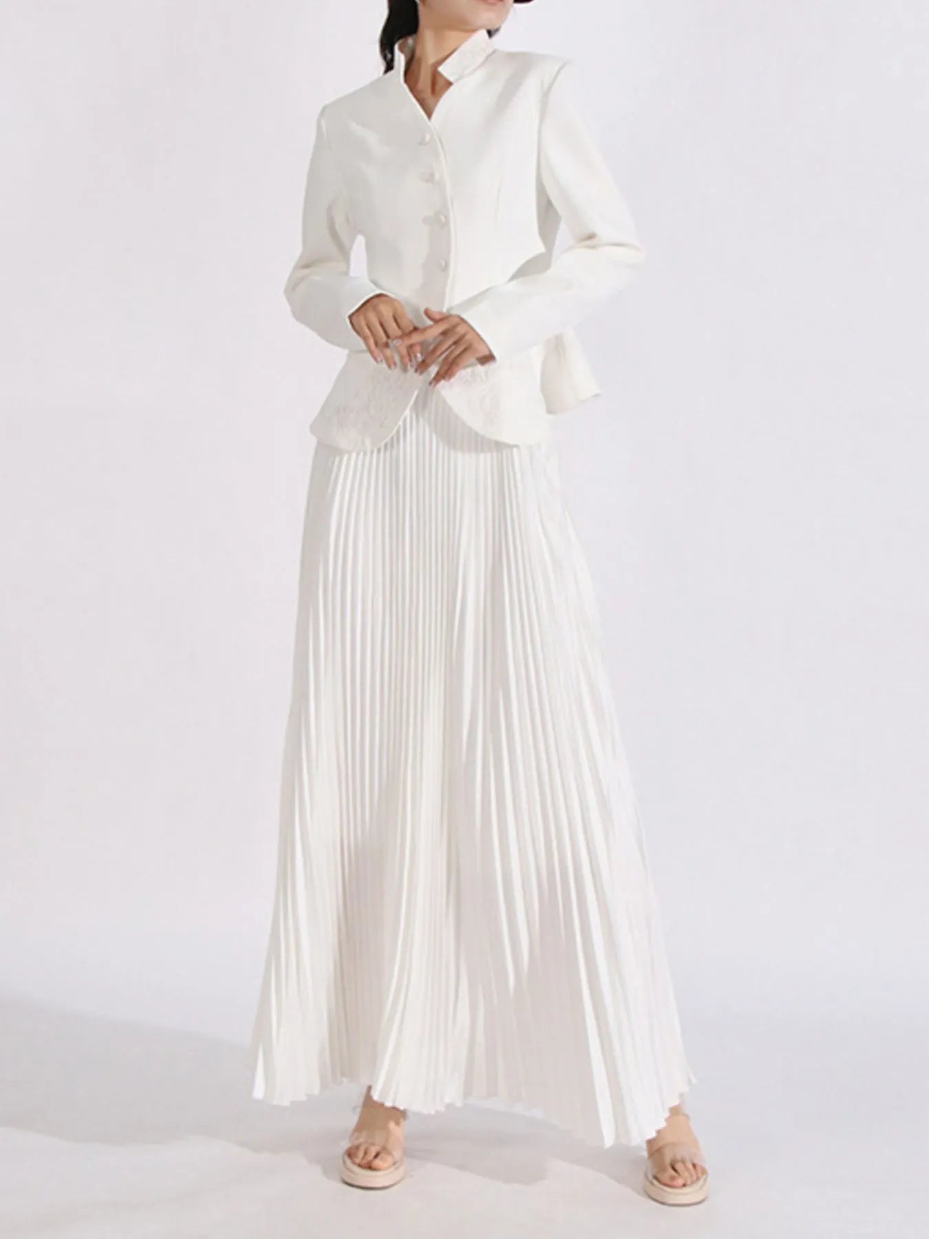 Button Up Long Sleeve Top and Pleated Skirt Set White