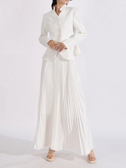 Button Up Long Sleeve Top and Pleated Skirt Set White
