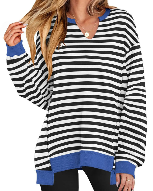 Notched Long Sleeve Oversized Sweatshirt Black And White Stripes
