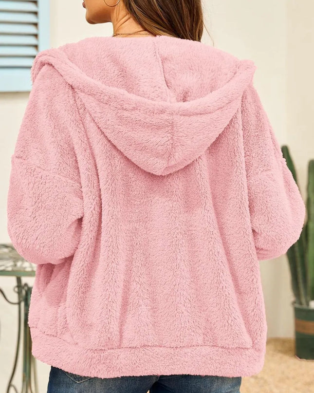 Drawstring Zip Up Hooded Plush Jacket