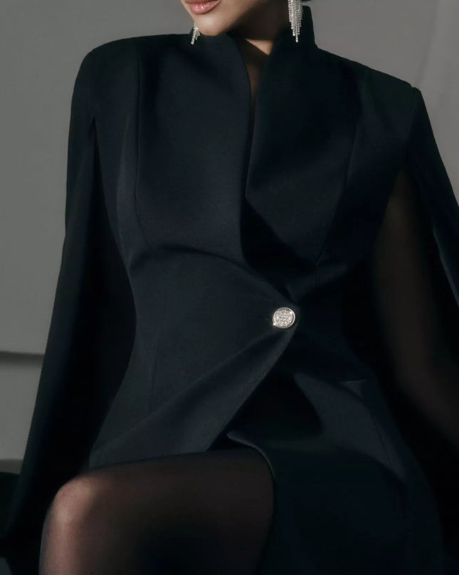One Button Fitted Mini Blazer Dress with Cape Sleeves