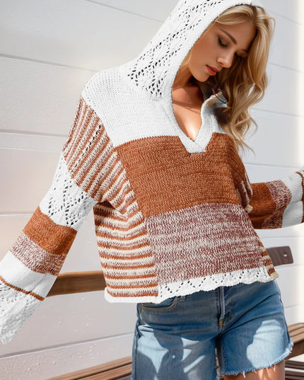 Double Take Full Size Openwork Contrast Long Sleeve Hooded Sweater Camel