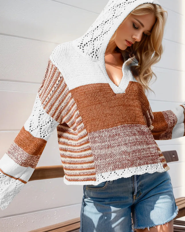 Double Take Full Size Openwork Contrast Long Sleeve Hooded Sweater Camel