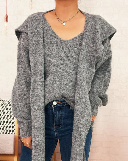 Ribbed Hem V-Neck Sweater with Shawl