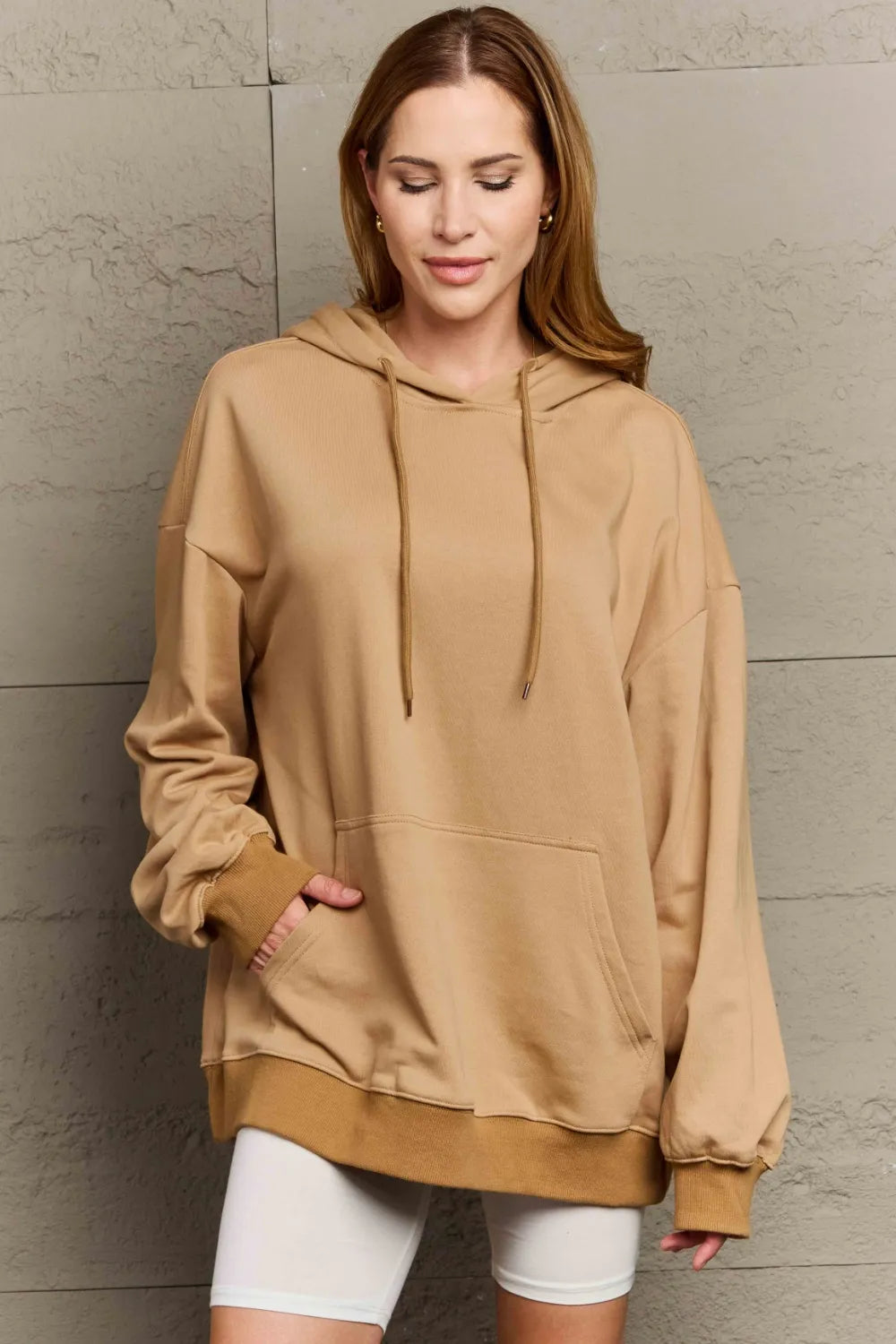 Full Size Drawstring Long Sleeve Hoodie Camel