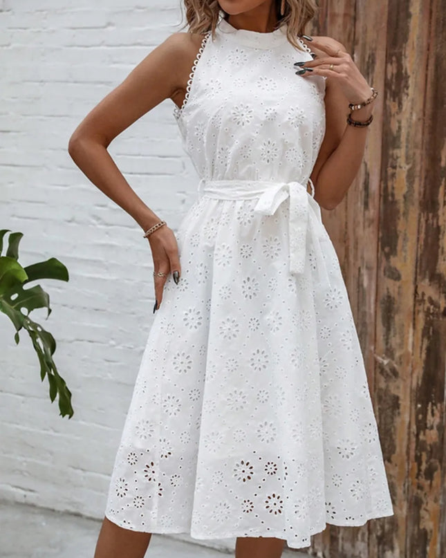 Eyelet Grecian Neck Tie Waist Midi Dress White
