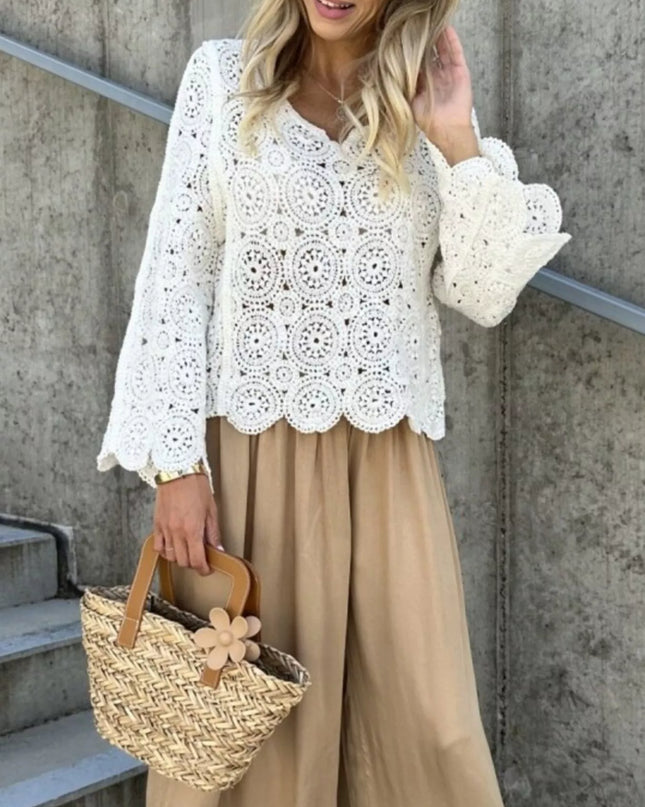 Crochet Lace V-Neck Bell Sleeve Knit Top