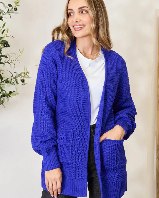 Zenana Full Size Waffle-Knit Open Front Cardigan Bright Blue