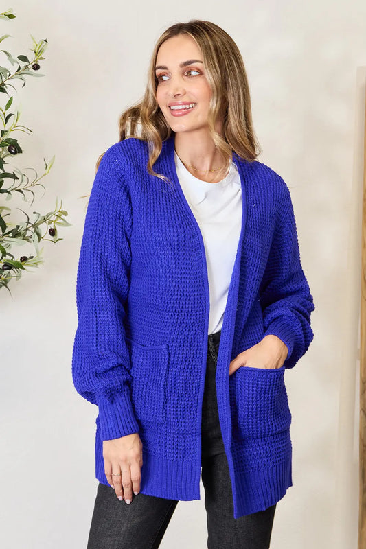 Zenana Full Size Waffle-Knit Open Front Cardigan Bright Blue
