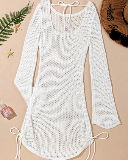Hollow Out Bell Sleeve Drawstring Knit Cover Up Dress