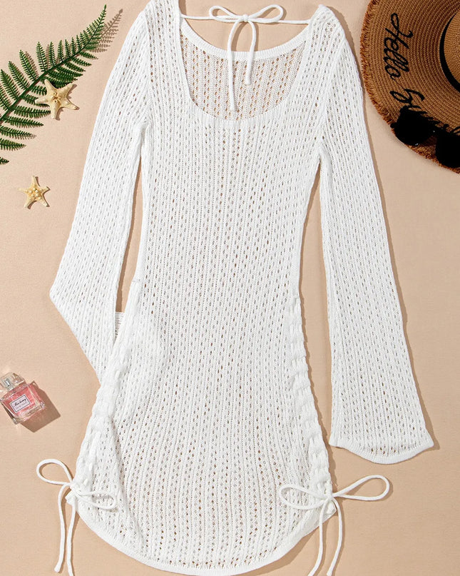 Hollow Out Bell Sleeve Drawstring Knit Cover Up Dress