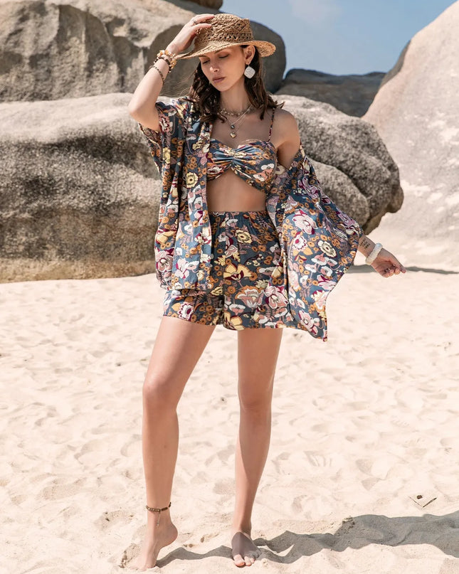 Printed Bra, Cover-Up and Shorts Set