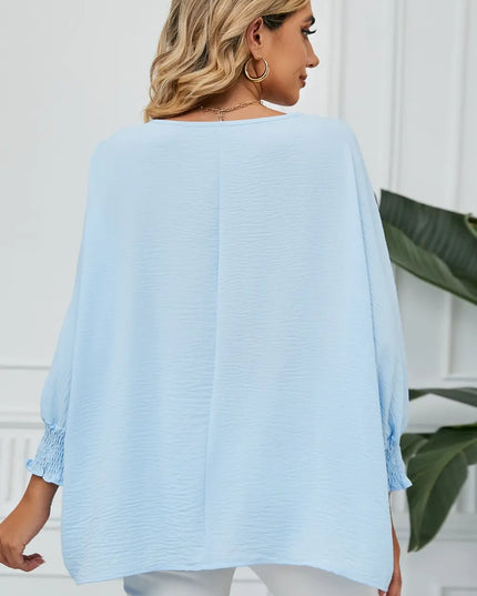 Smocked Lantern Sleeve Round Neck Blouse