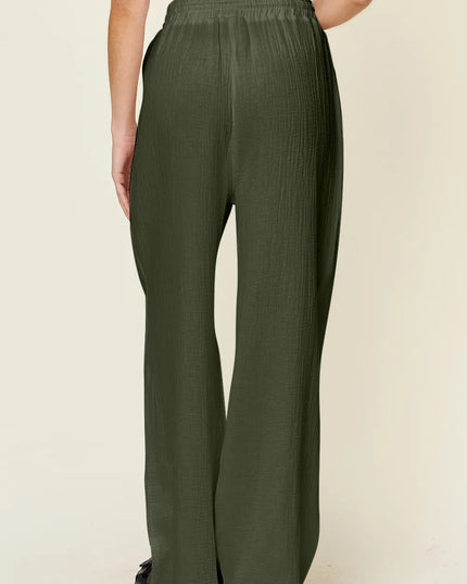 Double Take Full Size Texture Drawstring Wide Leg Pants