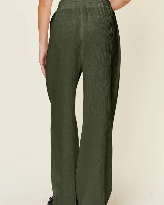 Double Take Full Size Texture Drawstring Wide Leg Pants