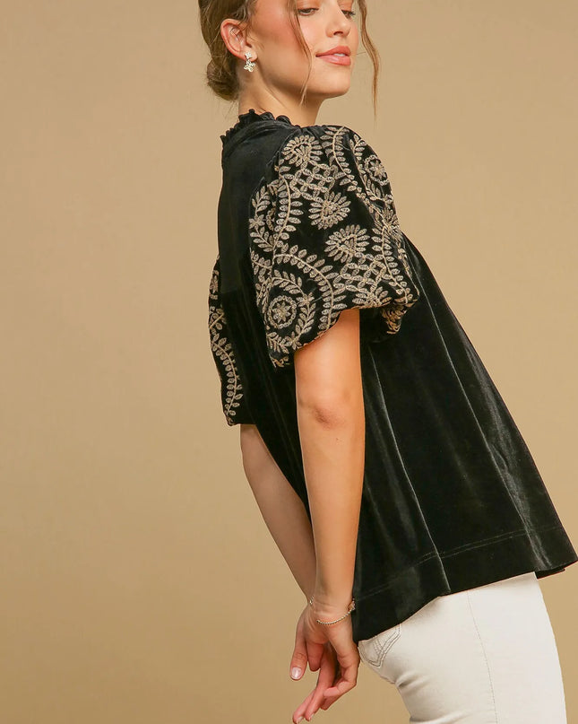 Umgee Full Size Velvet Embroidered Sleeve Blouse Plus Size